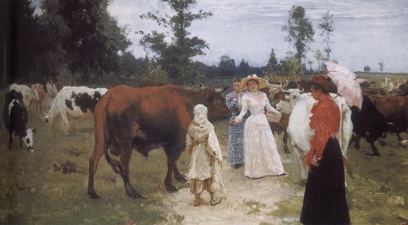 Ilia Efimovich Repin Girls and cows Sweden oil painting art